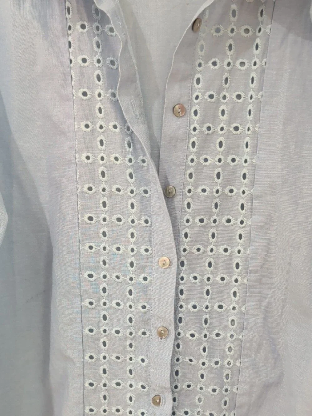 Zara Pale Blue Eyelet Cotton Long-Sleeve Shirt Dress
